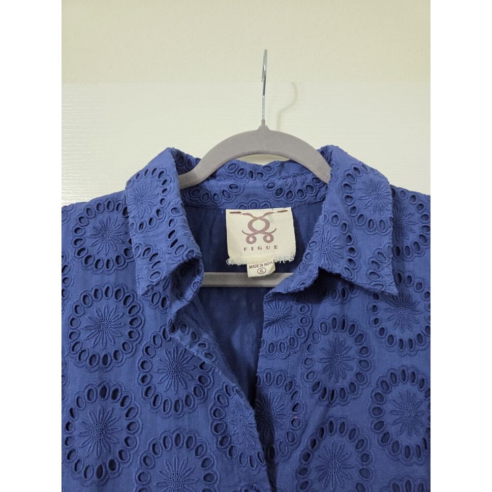 Figue Isabella Blue Eyelet Embroidered Cutout Sleeves Boho Mini Dress, Size XL - Picture 4 of 16